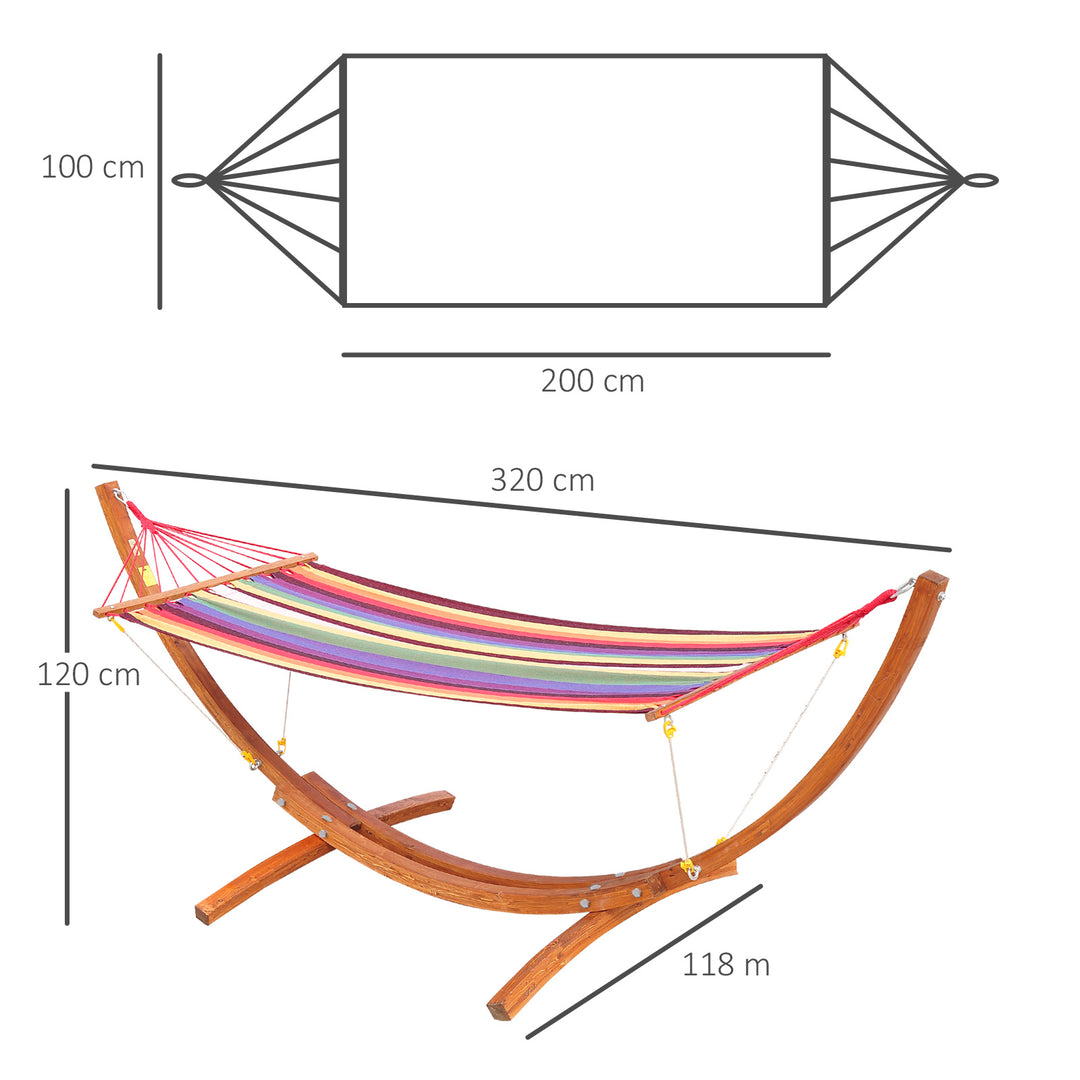 Outdoor Hammock with Stand, Free Standing Hammock with Arc Wooden Frame and 200 x 100cm Fabric, Garden Swing Hanging Bed with Safe Ropes, Multicolour