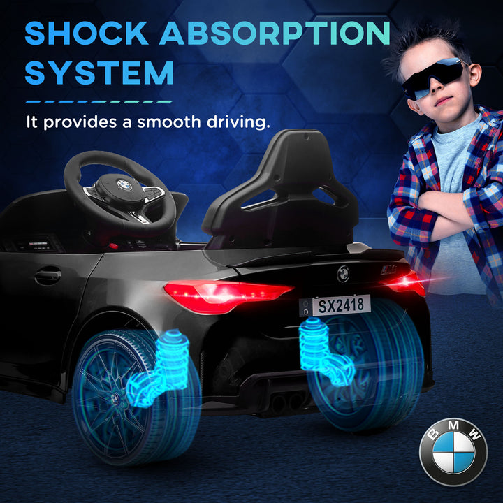 AIYAPLAY 12V BMW M4 Licensed Kids Car with Easy Transport, Remote Control, Suspension, Music, Horn, LED Lights - Black