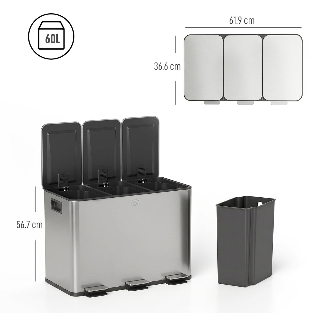 3 x 20L Pedal Bin, Steel Triple Kitchen Bin with Soft Close Lid, Remov