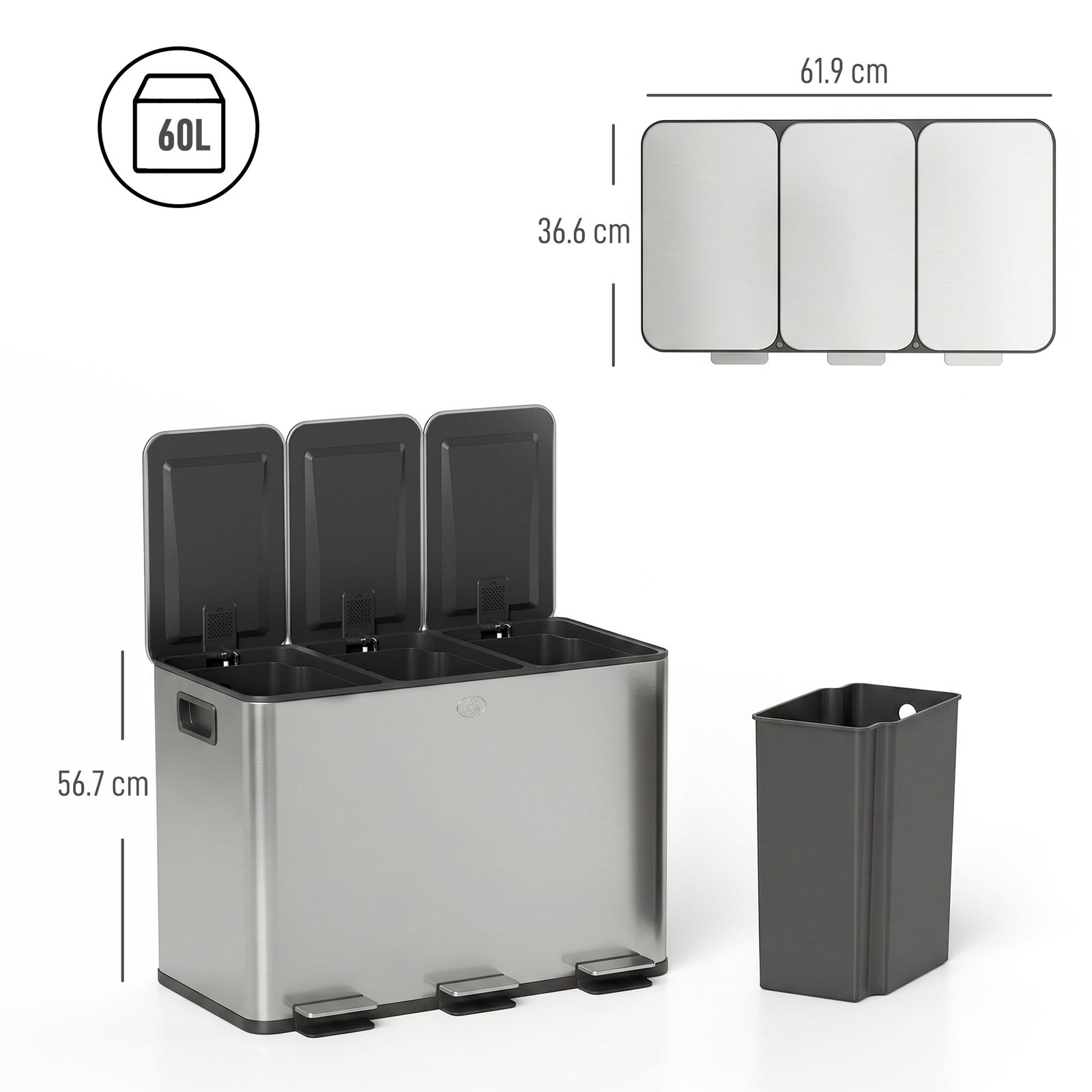 3 x 20L Pedal Bin, Steel Triple Kitchen Bin with Soft Close Lid, Remov