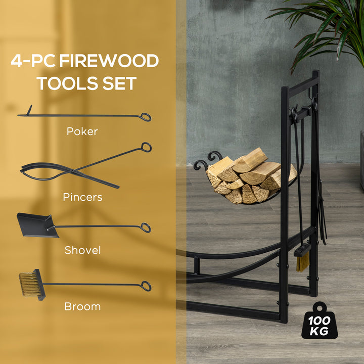 Metal Firewood Log Holder Indoor Outdoor Firewood Rack Fireplace 2 Tier Wood Storage Shelf with 4 Tools, Hooks, Scrolls, Black, 84W x 33D x 76H cm