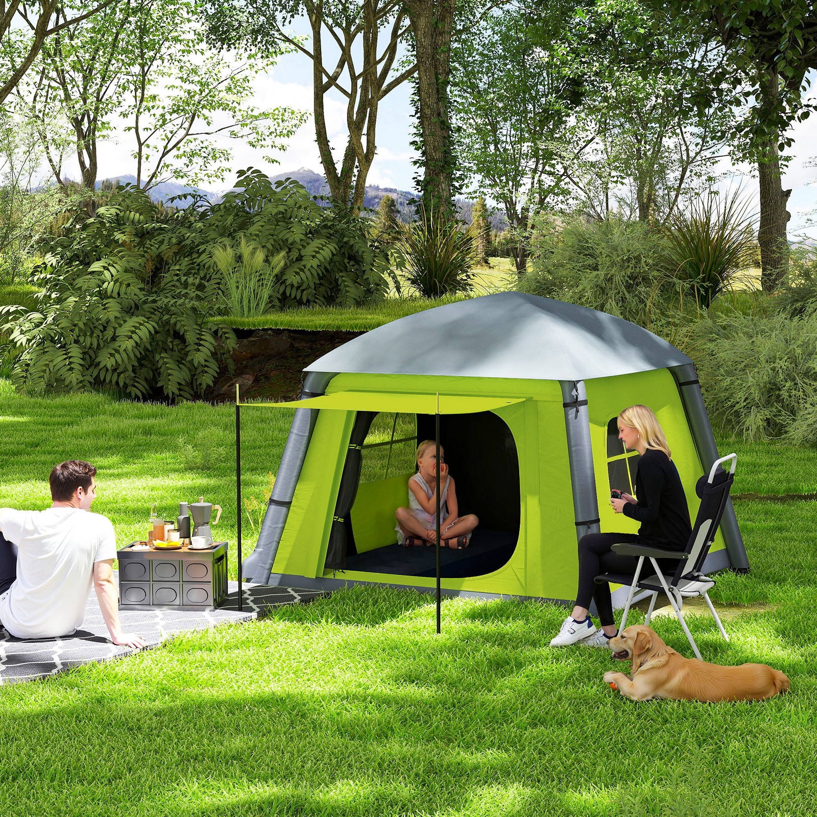 Inflatable Camping Tent w/ Hand Pump, Easy Setup 1/2 Person Blow Up Tent Waterproof 190T Taffeta w/ Mesh Windows, Doors and Carry Bag, Green