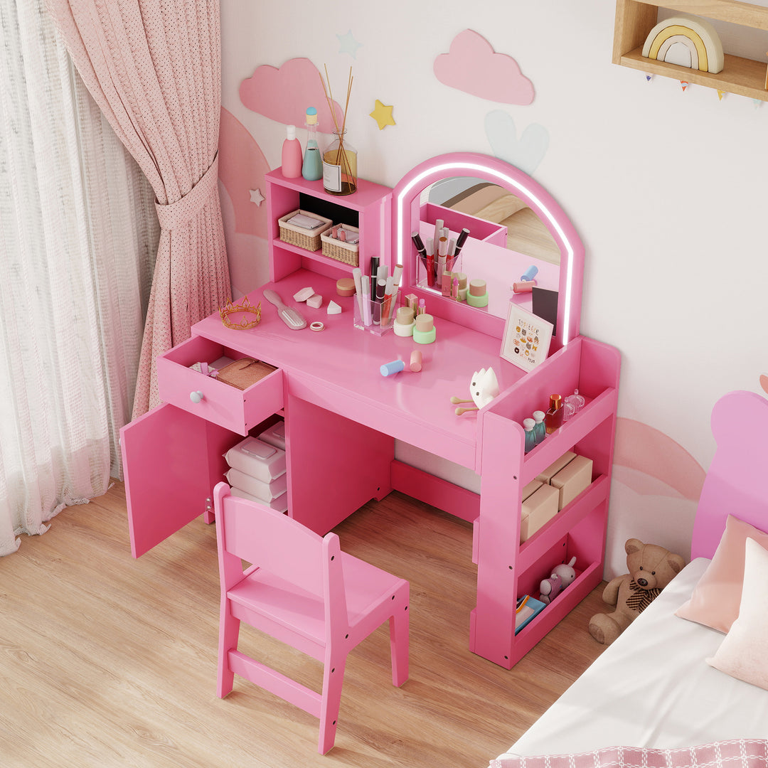 MCL Kids Vanity Table and Chair Set, Girls Dressing Table with 2-Colour LED Mirror, Stool, Cabinet, Drawer, Shelves, Pink