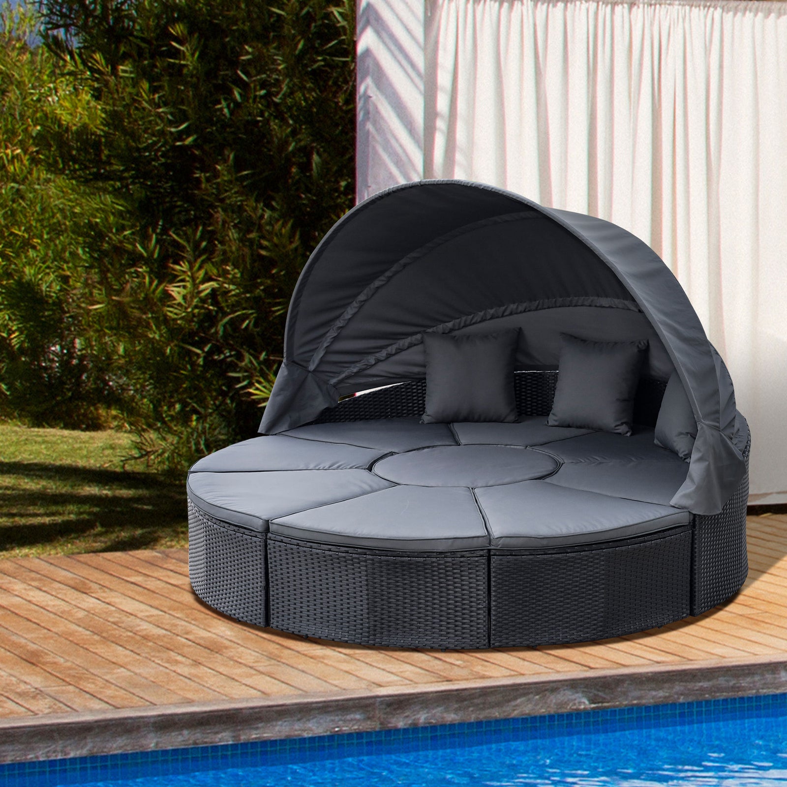 4 Pieces PE Rattan Garden Daybed Set, Outdoor Wicker Cushioned Round Sofa Bed Conversation Furniture with Coffee Table & Canopy, Black