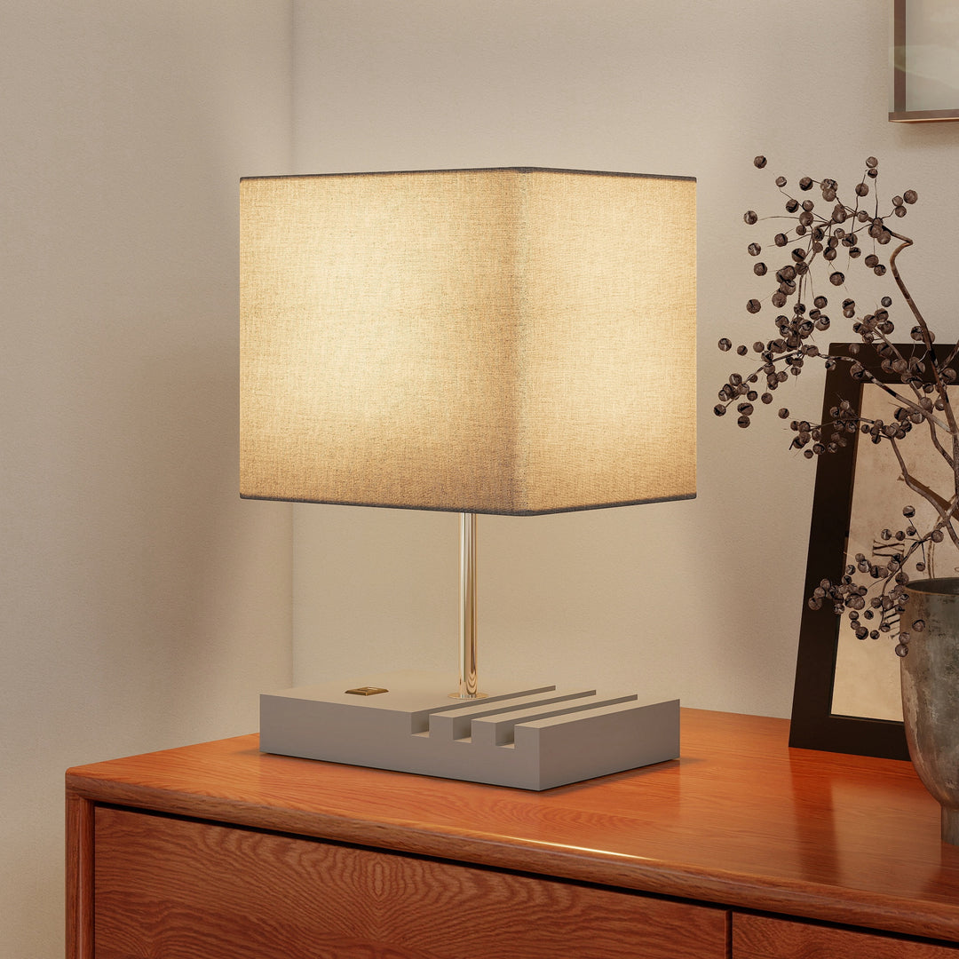 Bedside Lamp with USB A+C Charging Ports and 3 Phone Stands, Modern Table Lamp with Solid Wood Base and Fabric Shade for Bedroom Living Room Office, E27 Socket, Bulb Not Included