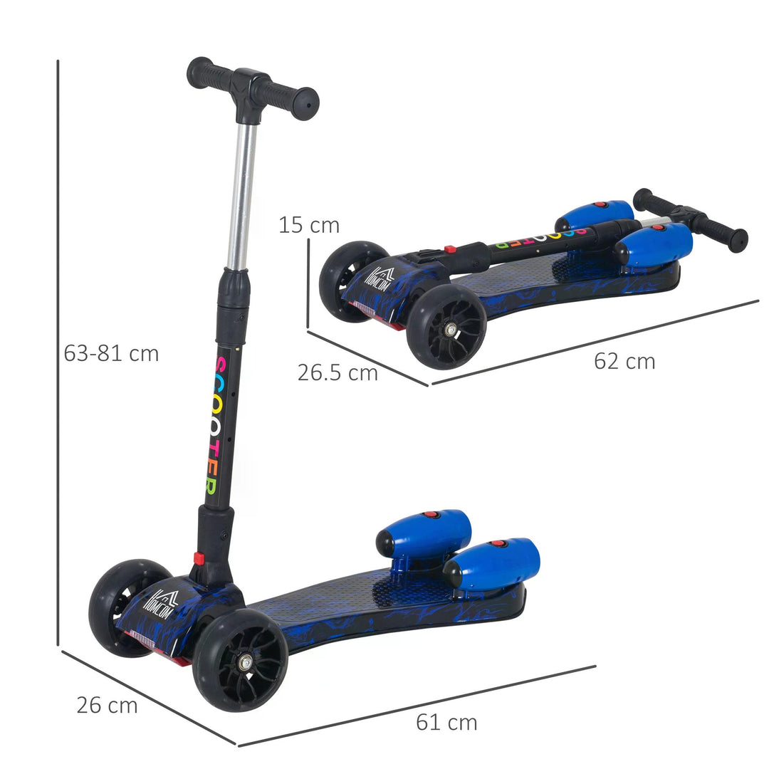 HOMCOM Kids 3 Wheel Kick Scooter Adjustable Height w/ Flashing Wheels Music Water Spray Foldable Design Cool On Off Road Vehicle Blue | Aosom UK