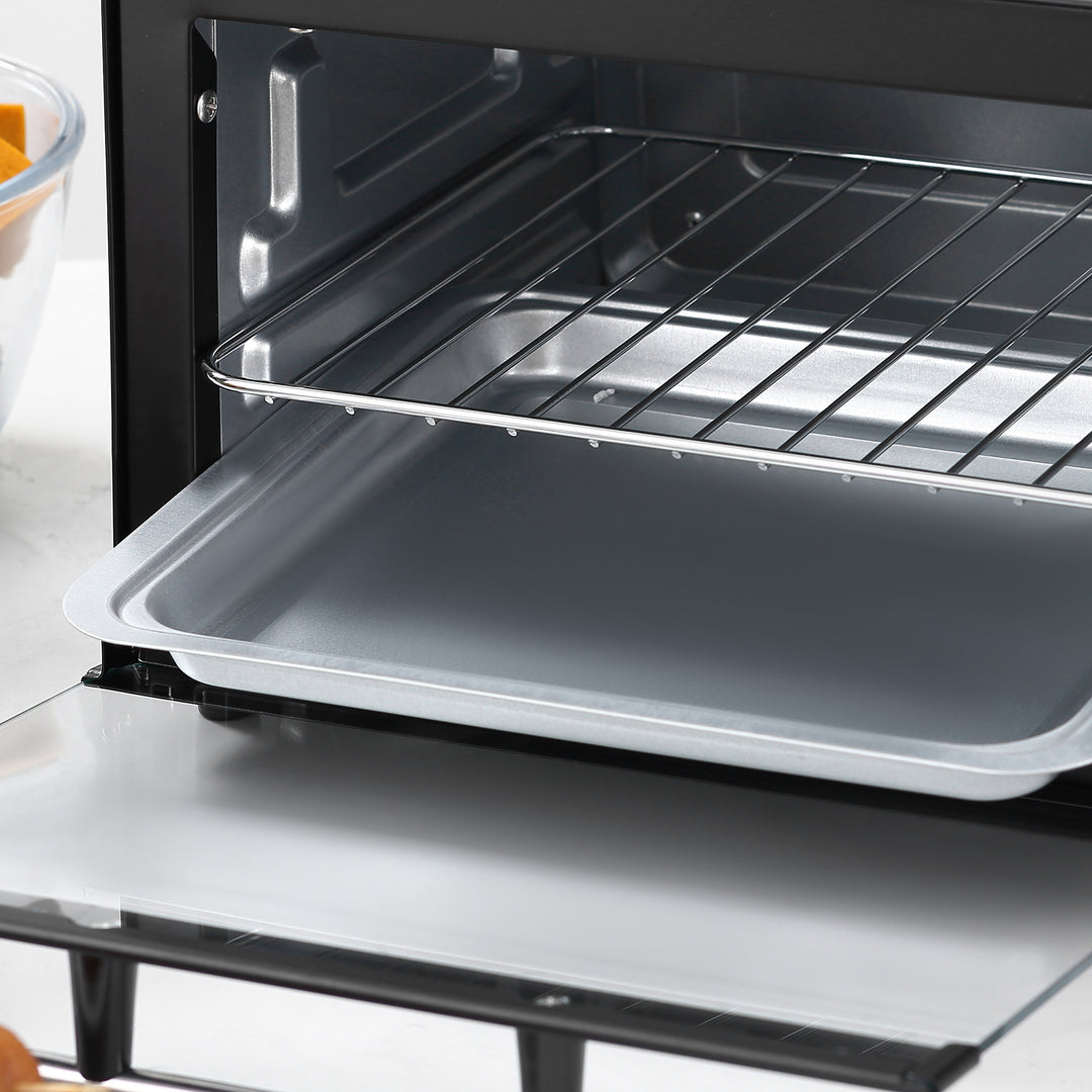 Mini Oven, 9L Countertop Electric Grill, Toaster Oven with Adjustable Temperature, Timer, Dishwasher Safe Baking Tray and Wire Rack, 750W, Black