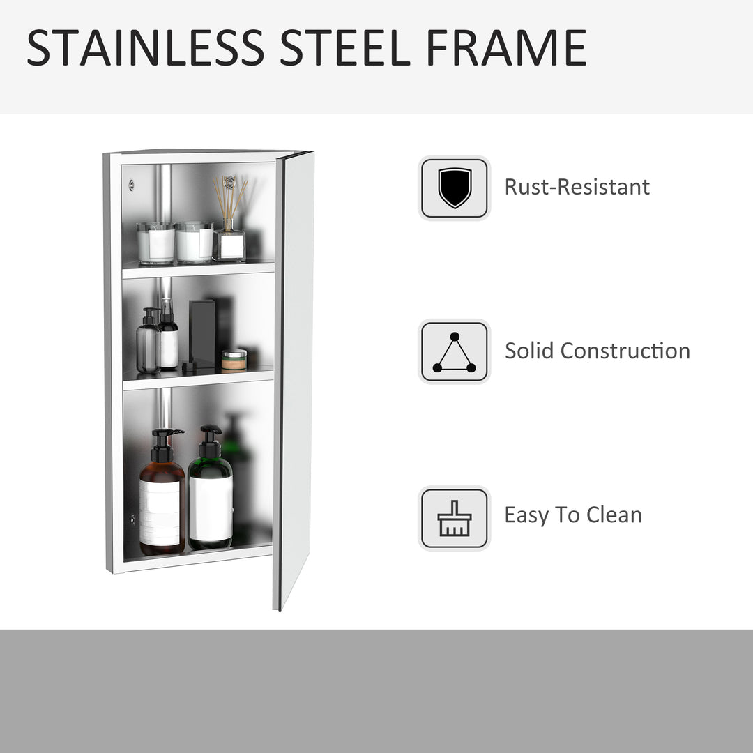 HOMCOM Stainless Steel Mirrored Cabinet: Corner-Mounted Bathroom Organiser with Single Door, 300mm Width | Aosom UK