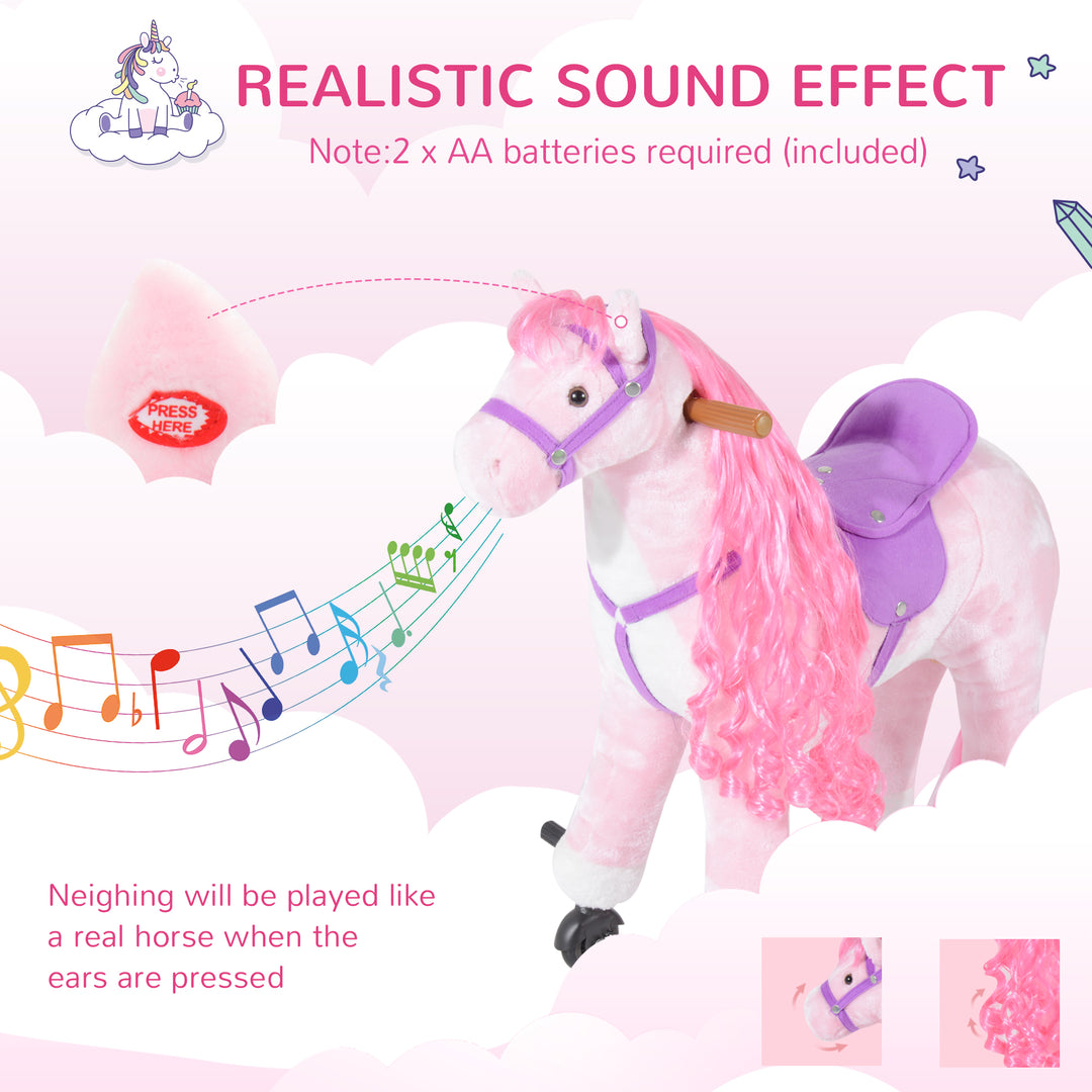 Plush Walking Horse Ride On Toy with Wheels and Realistic Sounds Rocking Horse for Girls Boys 2+ Years Old, 50cm Tall, Pink