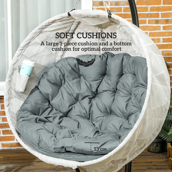 Hanging Egg Chair Outdoor Indoor Garden Swing Chair with Folding Basket, Garden Hanging Chair with Stand, Thickened Cushion, Cup Holder for Patio, Balcony, Grey