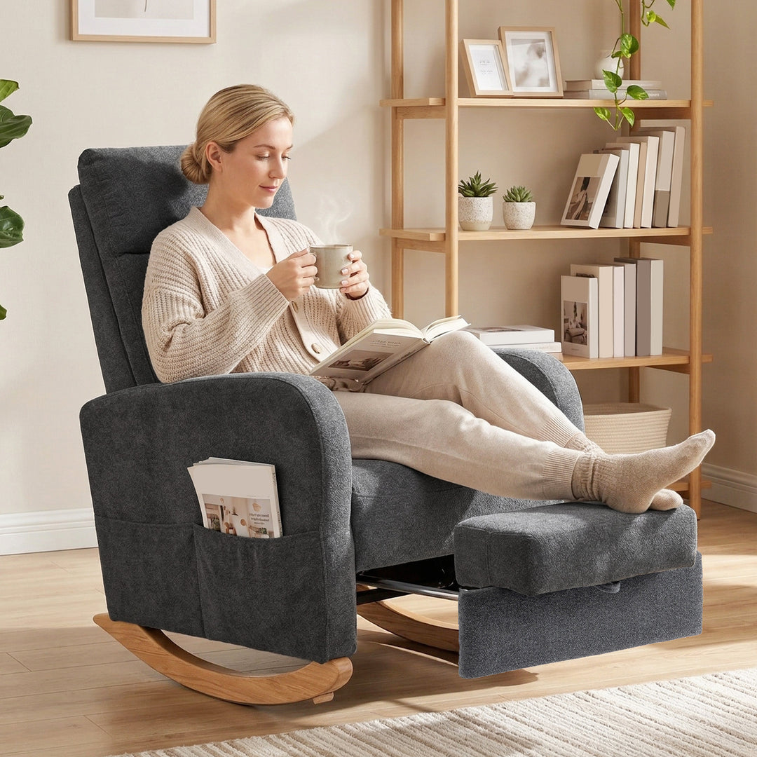 Upholstered Rocking Chair Retractable Footrest Rocker Chair High Back 