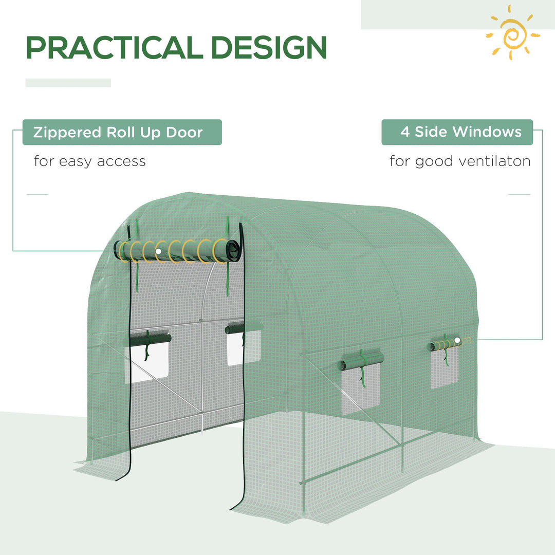 Walk-In Garden Polytunnel Greenhouse with Steel Frame, PE Cover, Roll-Up Door and 4 Windows, 2.5 x 2m, Green