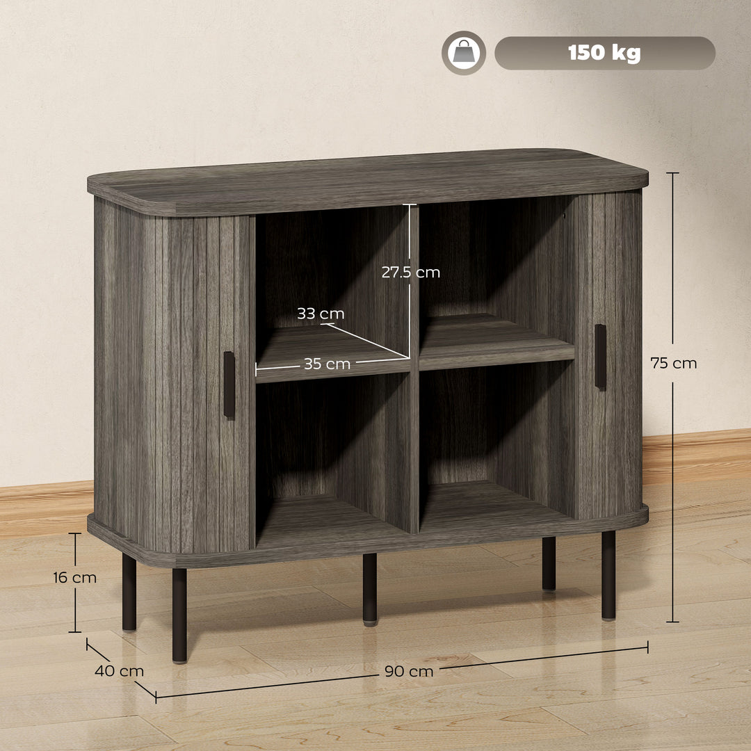 Mid-Century Modern Sideboard Storage Cabinet with Slatted Tambour Sliding Doors, Kitchen Cabinet with Steel Legs, Grey