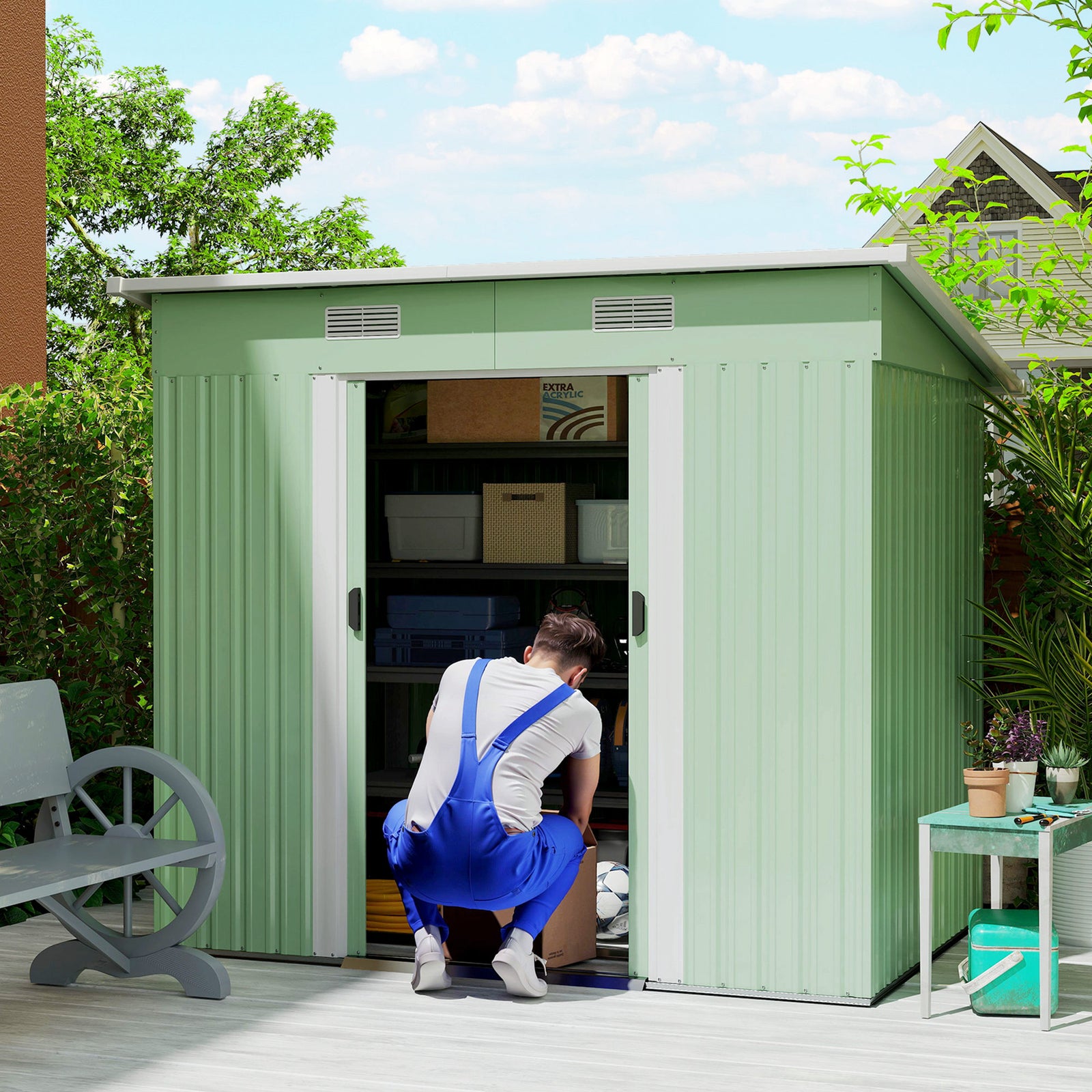 7 x 4ft Outdoor Garden Metal Storage Shed, Tool Storage Box for Backyard, Patio and Lawn, Light Green