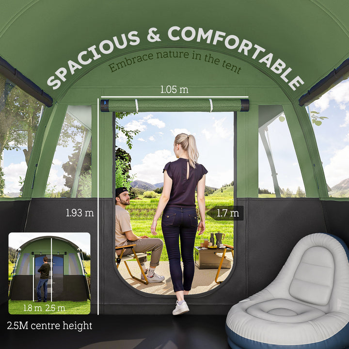 8-Person Camping Tent, Waterproof Family Tent, Tunnel Design, 4 Large Windows, Sleeping Cabins 3000mm Water Column Green