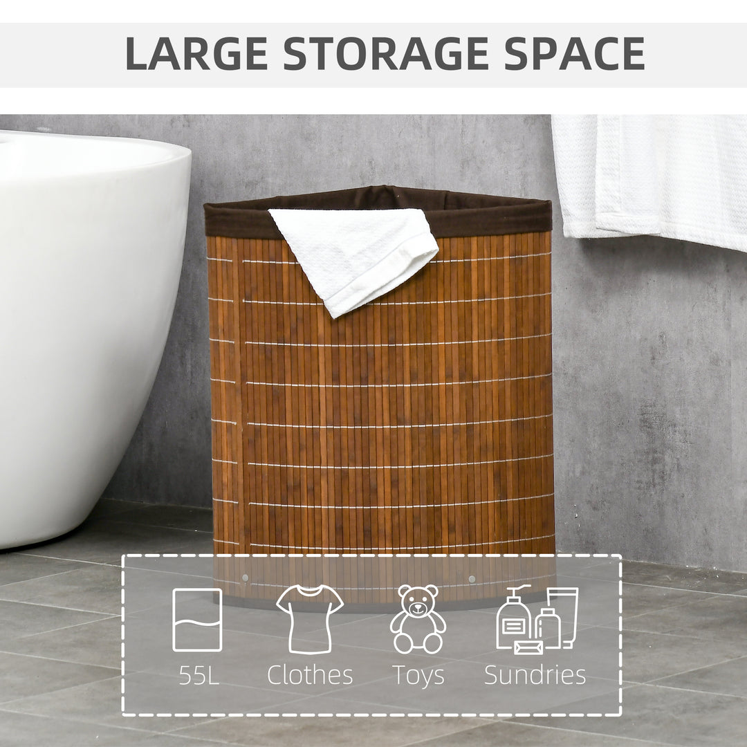 Bamboo Laundry Basket with Lid, 55 Litres Laundry Hamper with Removable Washable Lining, Corner Washing Baskets, 38 x 38 x 57cm, Brown
