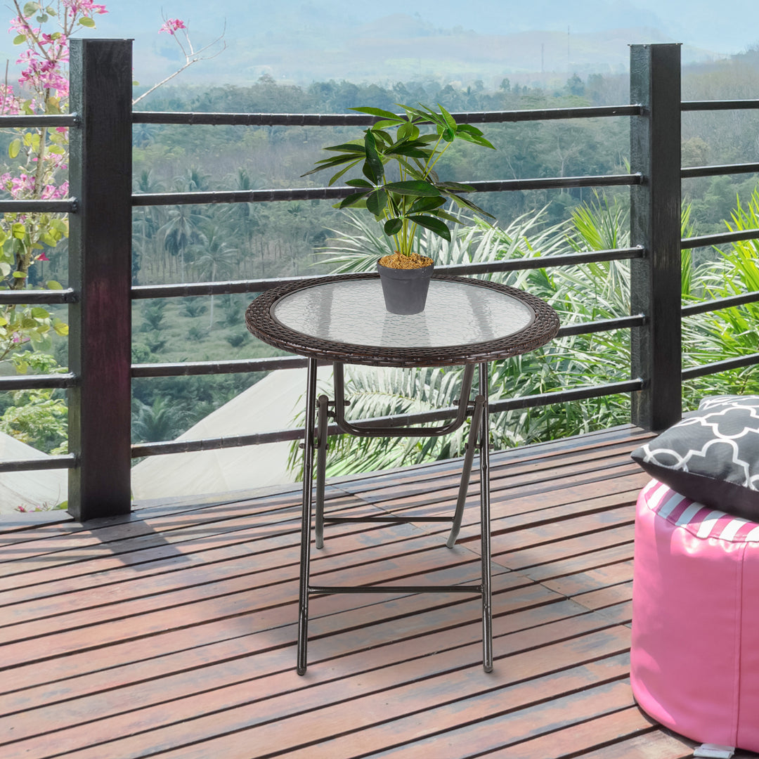 Folding Rattan Garden Dining Table, 68 cm Round Rattan Garden Table with Water Ripple Tempered Glass Top, Wicker Edging and Steel Frame for Outdoor, Patio, Brown
