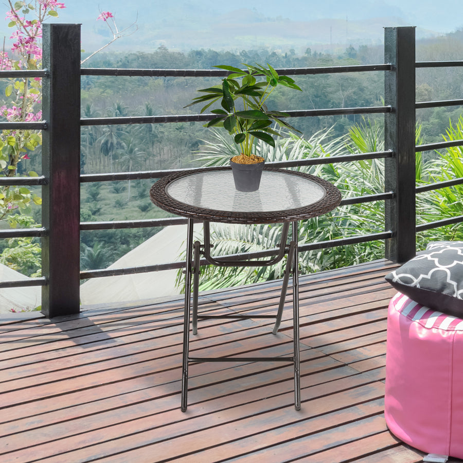 Folding Rattan Garden Dining Table, 68 cm Round Rattan Garden Table with Water Ripple Tempered Glass Top, Wicker Edging and Steel Frame for Outdoor, Patio, Brown