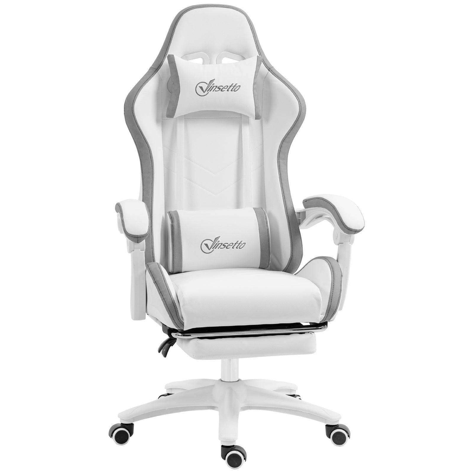 Computer Gaming Chair, PU Leather Desk Chair with Footrest, Swivel Task Chair with 135° Reclining Back and Lumbar Support, PC Chair for Adults, White and Grey