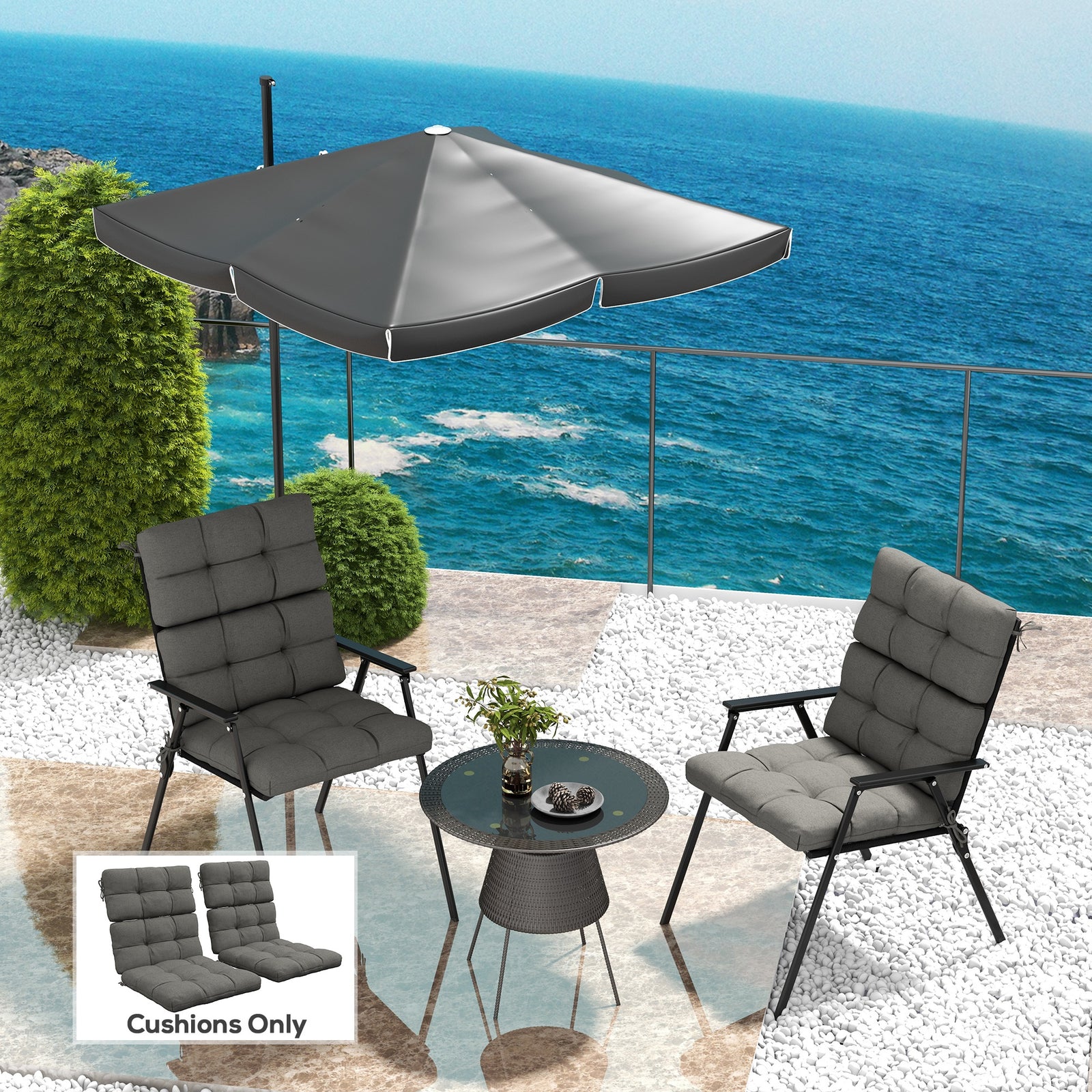 2-Piece Seat Cushion Replacement with Backrest, Garden Patio Chair Cushions Set with Ties, Charcoal Grey