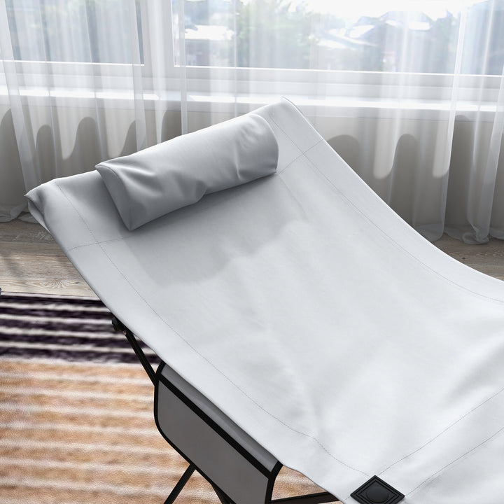 Camping Bed for Adults, Single Folding Camp Bed, Portable Camping Cot with Side Pocket, Headrest and Oxford Seat for Outdoor, Travel, Fishing, Light Grey