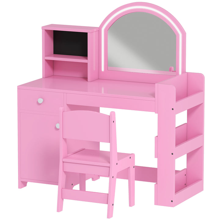 MCL Kids Vanity Table and Chair Set, Girls Dressing Table with 2-Colour LED Mirror, Stool, Cabinet, Drawer, Shelves, Pink