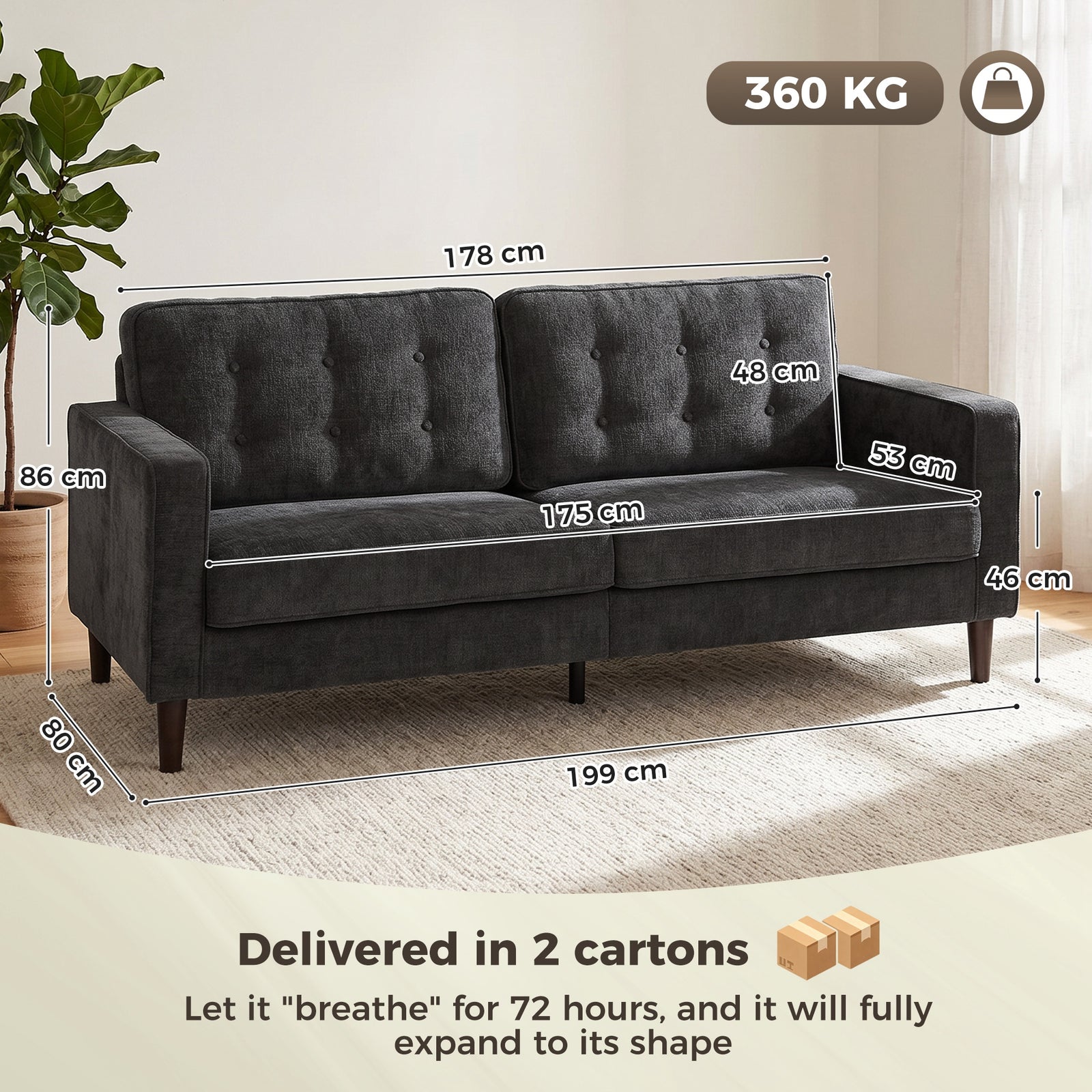 3 Seater Sofa Button Tufted Upholstered Couch with Wood Legs for Livin