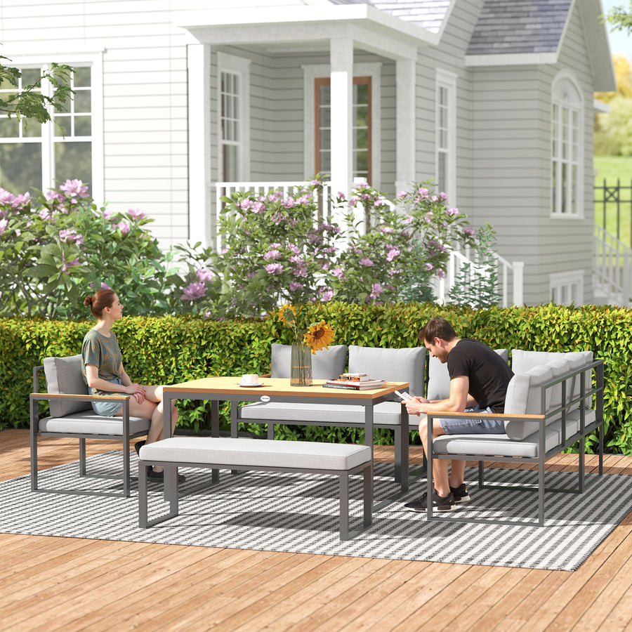 Six Piece L Shaped Garden Furniture Set with 3 Loveseats - Natural Wood Finish