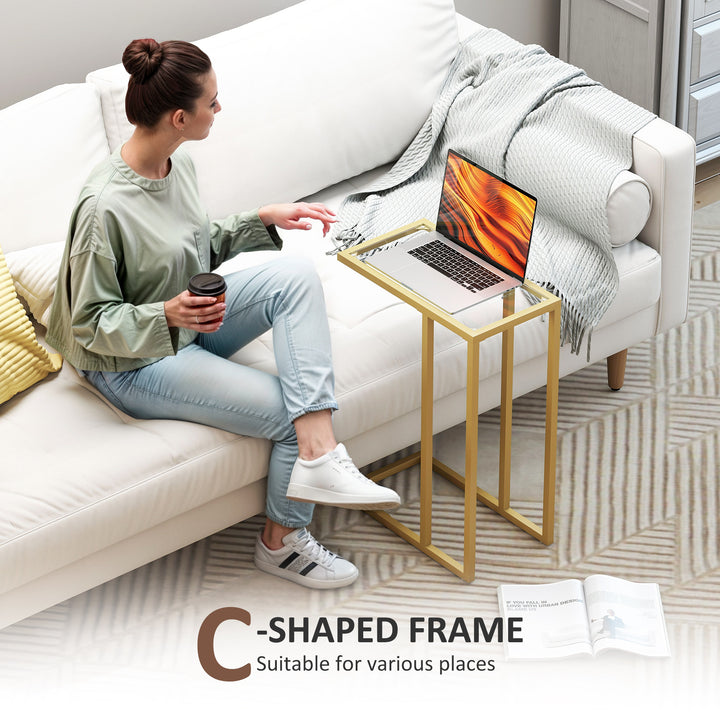 C-Shaped Side Table, Modern Slim End Table with Tempered Glass Tabletop, Steel Frame for Small Space, Living Room, Bedroom, Gold Tone