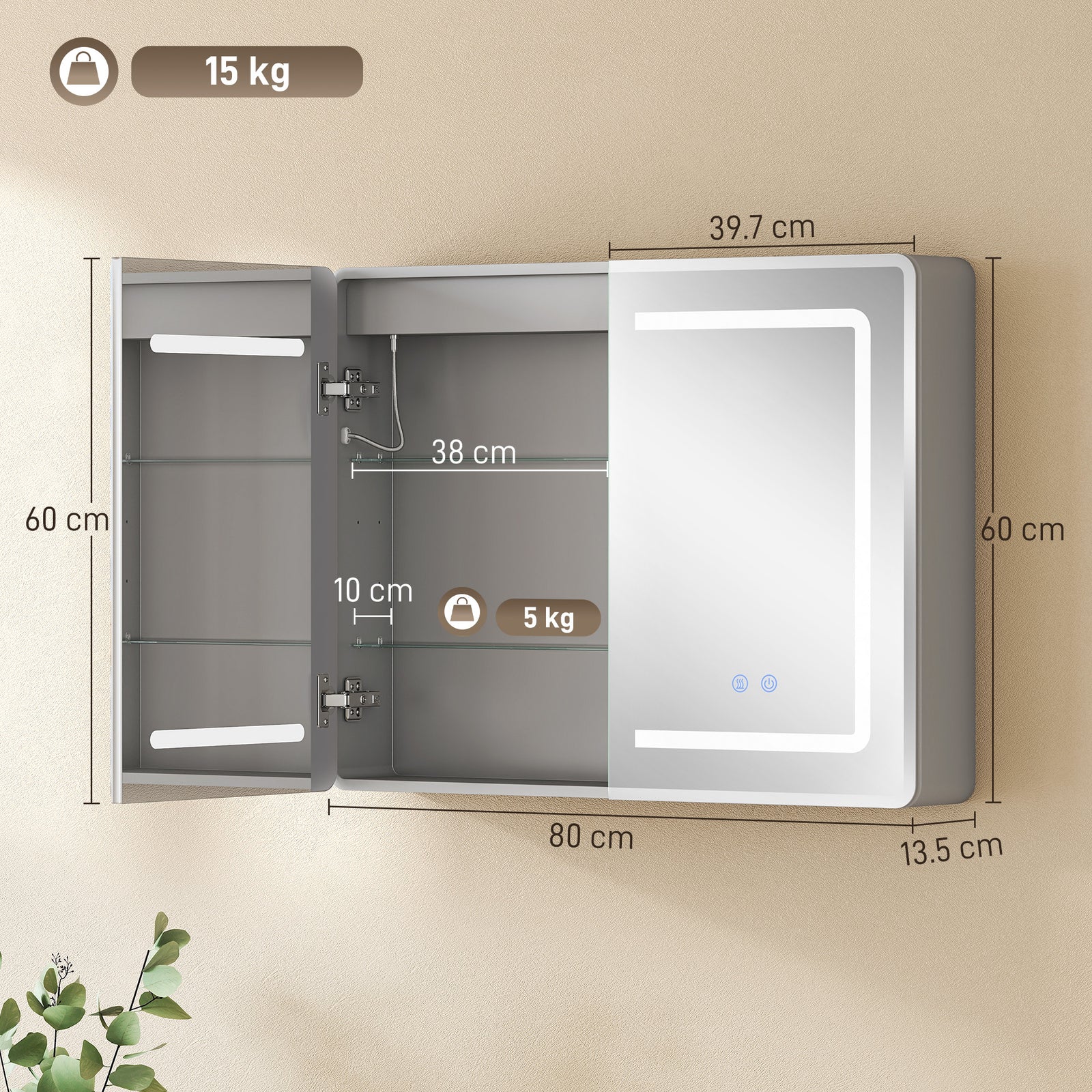 Mirrored Bathroom Cabinet with LED Lights, 60 x 80 cm Bathroom Mirror 