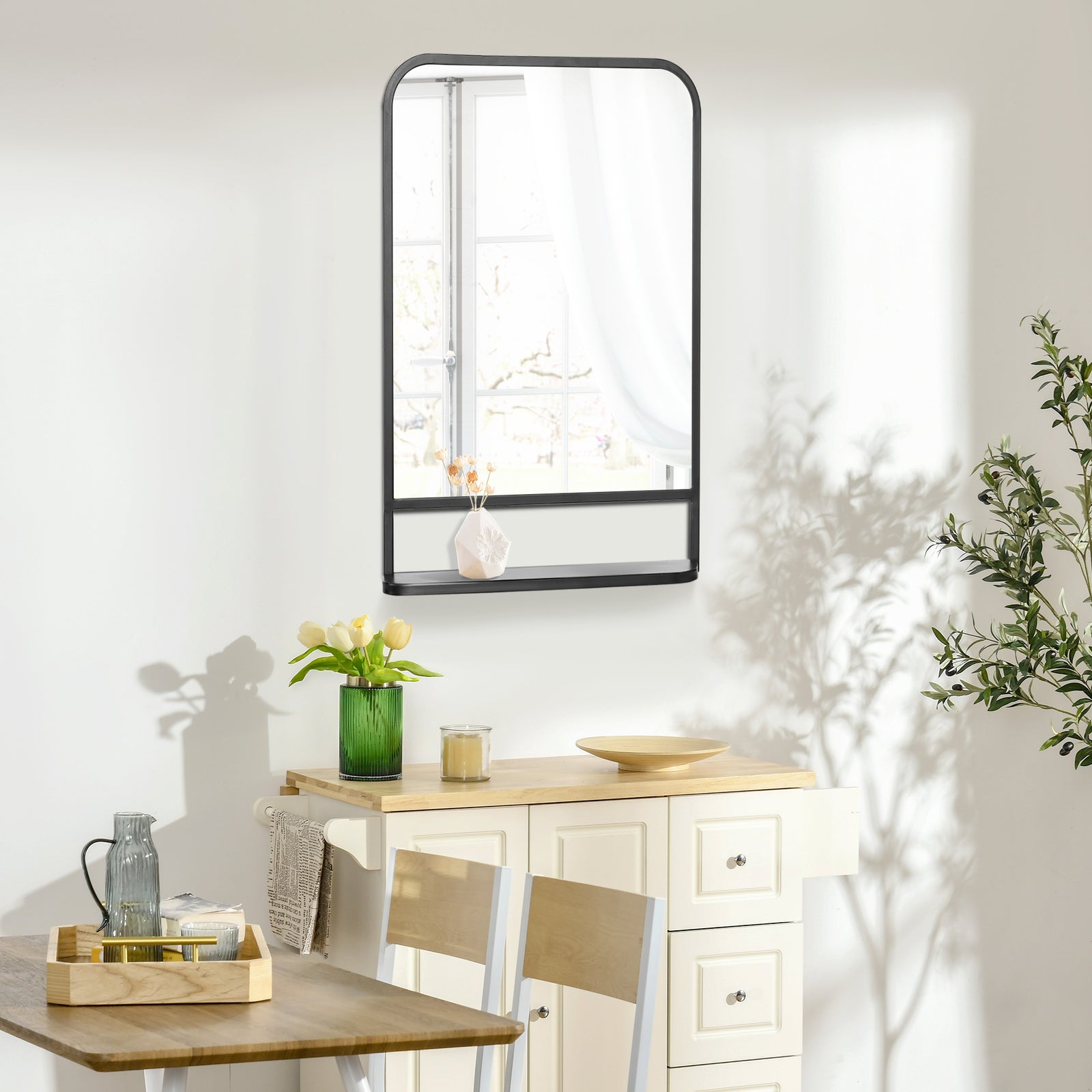 Modern Square Wall Mirror with Storage Shelf, 86 x 53 Mirrors for Living Room, Bedroom, Black