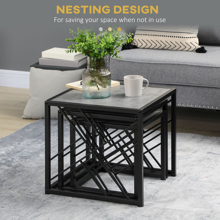 MCL Nesting Coffee Tables, Set of 3 Square Side Tables with Black Metal Frame, for Living Room, Bedroom and Office, Grey