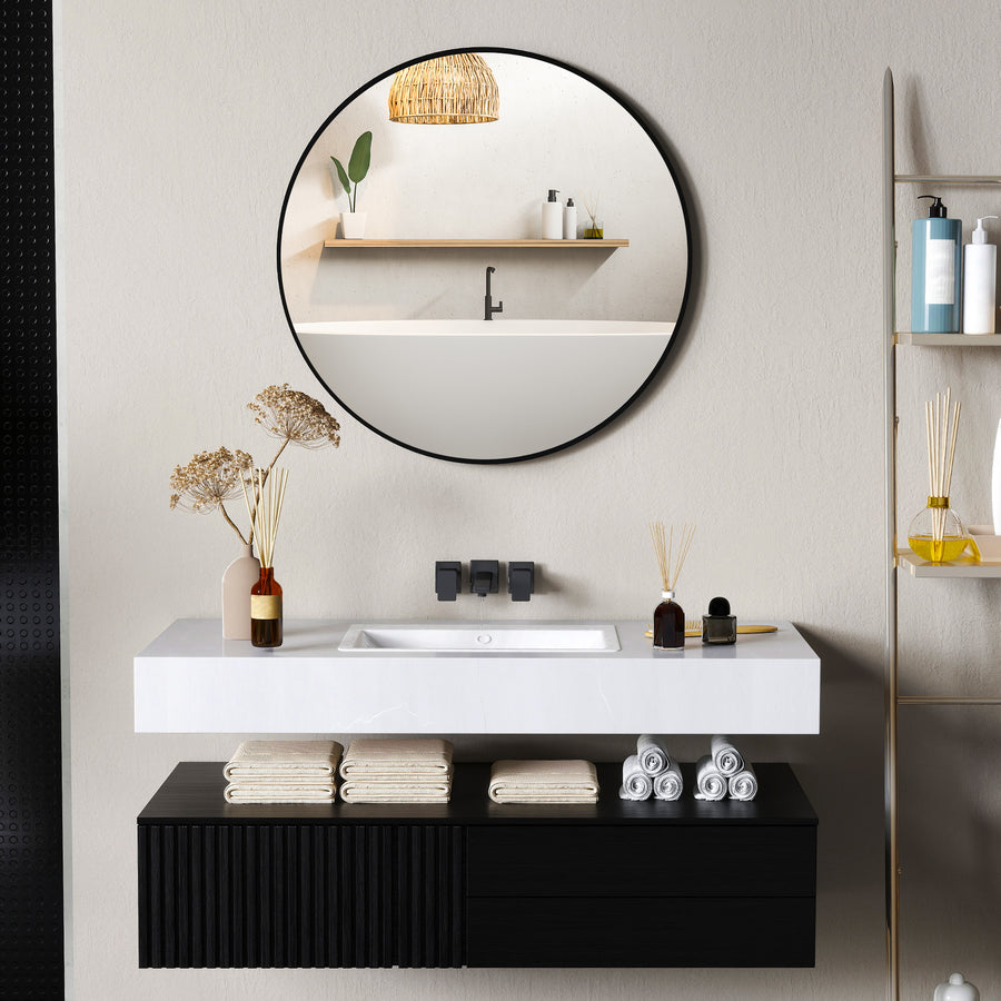 Round Bathroom Mirror, 70 x 70cm Steel Framed Wall Mirror, Decorative Mirror for Bedroom, Living Room, Entryway, Black