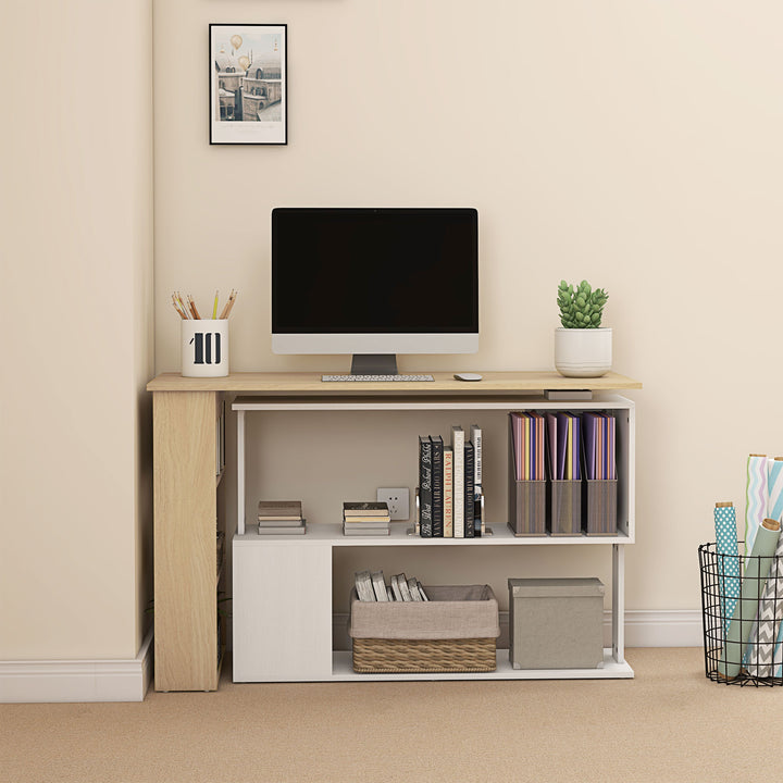Corner Computer Desk, L Shaped Desk with 360° Rotating Bookshelf, 120L
