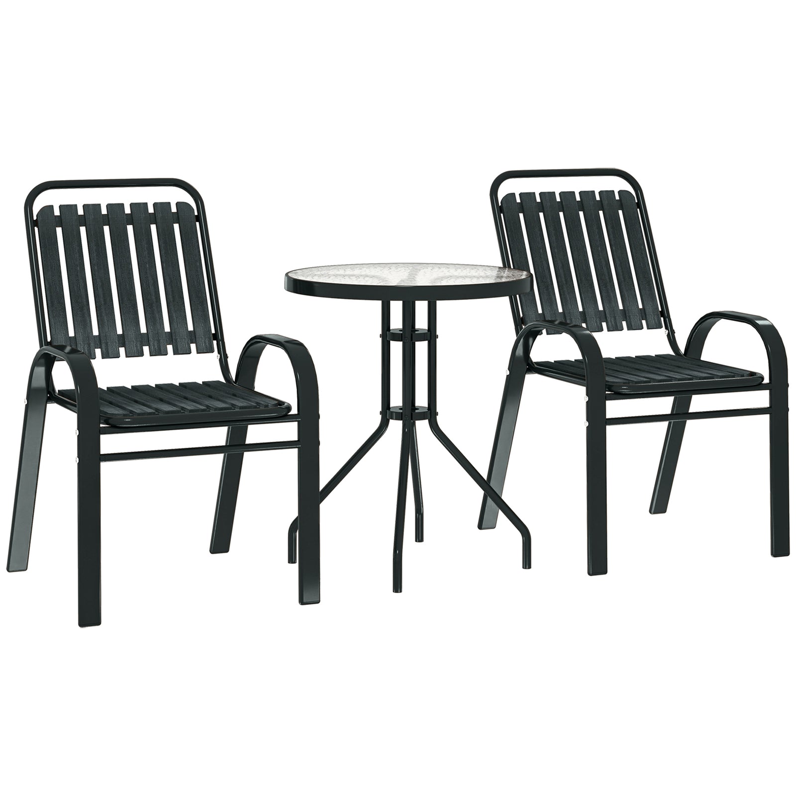 3 Pieces Patio Bistro Set with Stackable Chairs, Tempered Glass Table, for Outdoor, Balcony, Patio, Garden Charcoal Grey