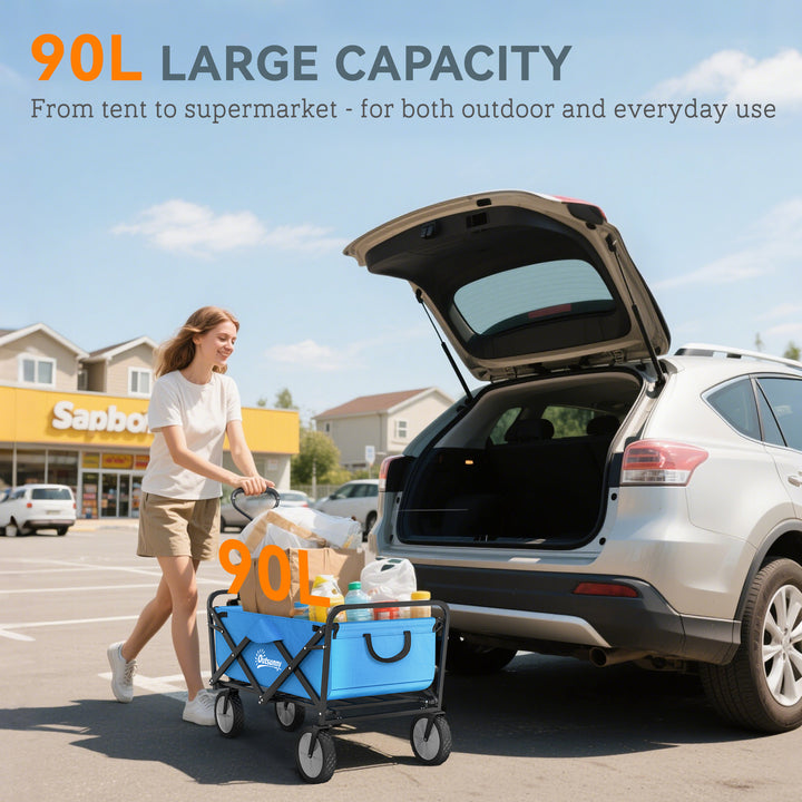 90L Festival Trolley on Wheels, Folding Camping Trolley Cart with Adjustable Handle, Portable for Outdoor, Garden, Shopping, Fishing, Blue