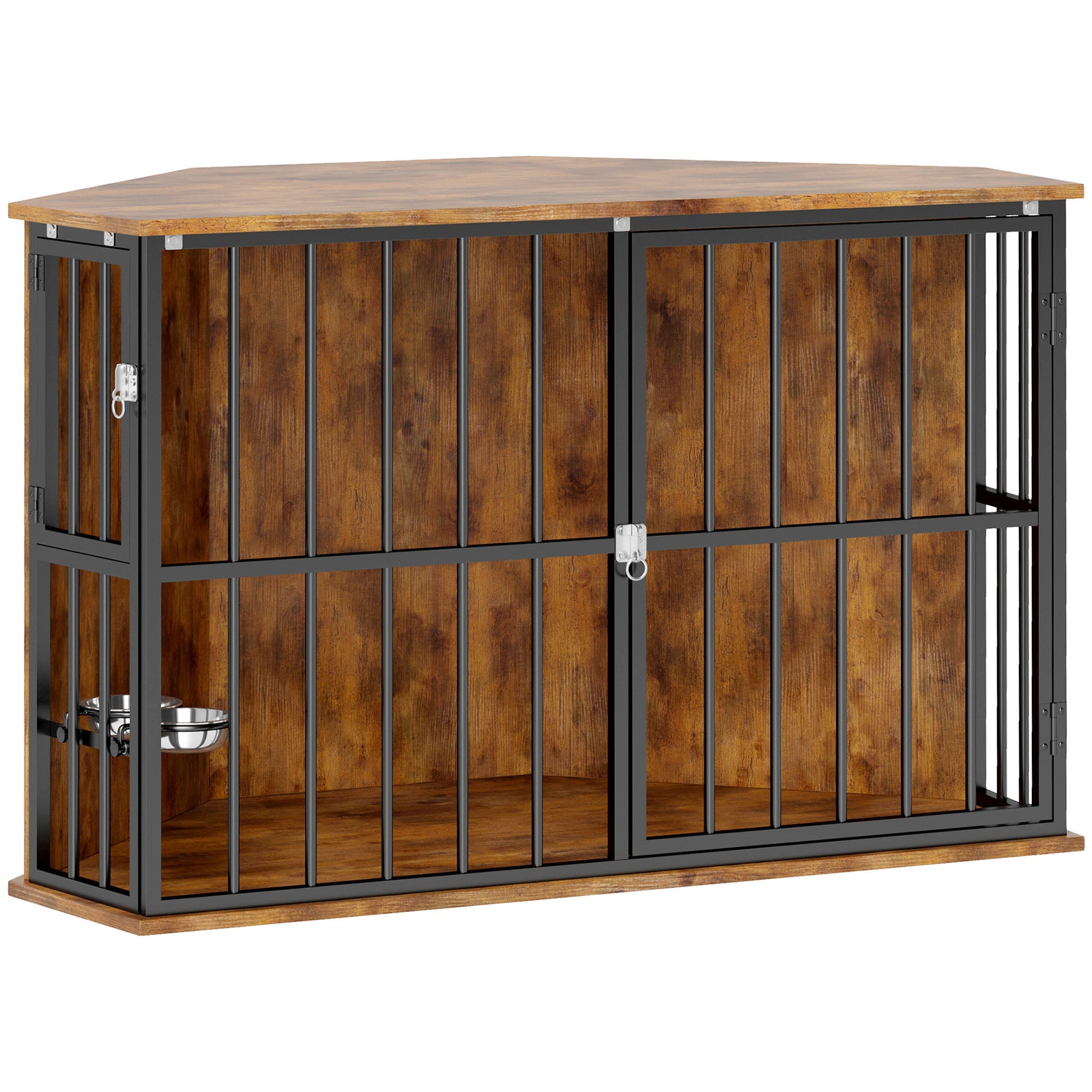 Corner Dog Crate Furniture with Two Bowls, Lockable Doors, for Small, Medium Dogs, Rustic Brown