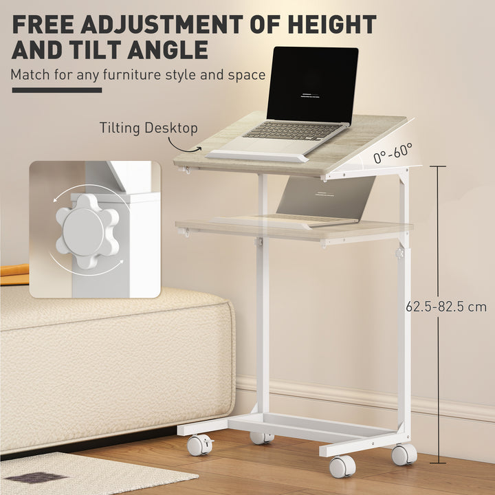 C-Shaped Sofa Side Table, Height Adjustable Overbed Table with Tilting Desktop, Mobile Laptop Desk for Living Room Bedroom, Oak and White