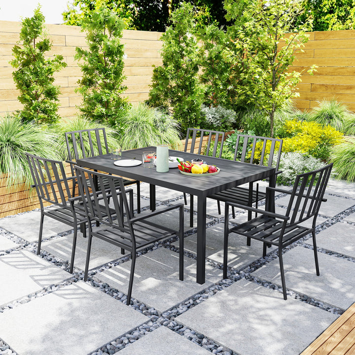 Outsunny Seven-Piece Minimal Metal Garden Dining Set, with Parasol Hole - Black