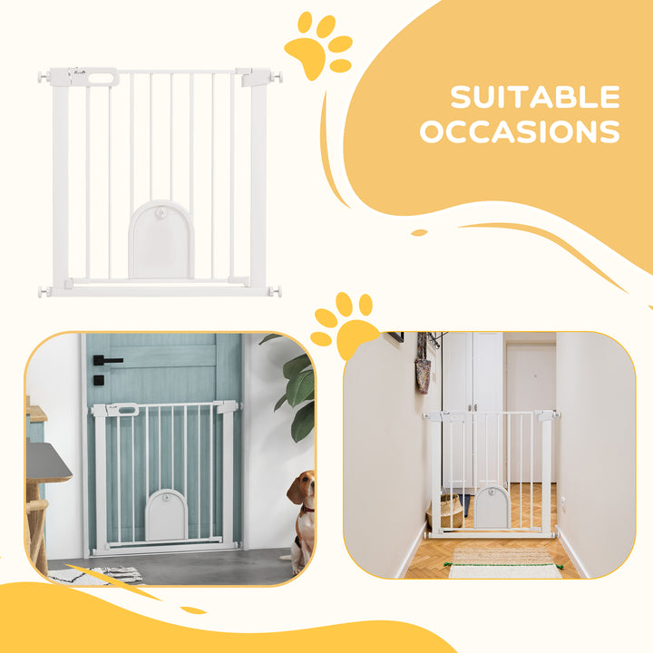 PawHut 75-82cm Pet Safety Gate with Double Locking, Pressure Fit Stair with Cat Flat for Doorways, Hallways, White | Aosom UK