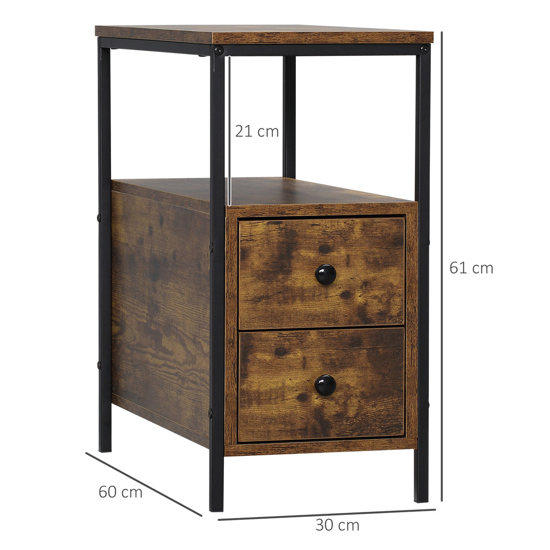 Side Table, Narrow Bedside Table with 2 Drawers and Storage Shelf, Industrial End Table with Metal Frame for Small Spaces, Rustic Brown