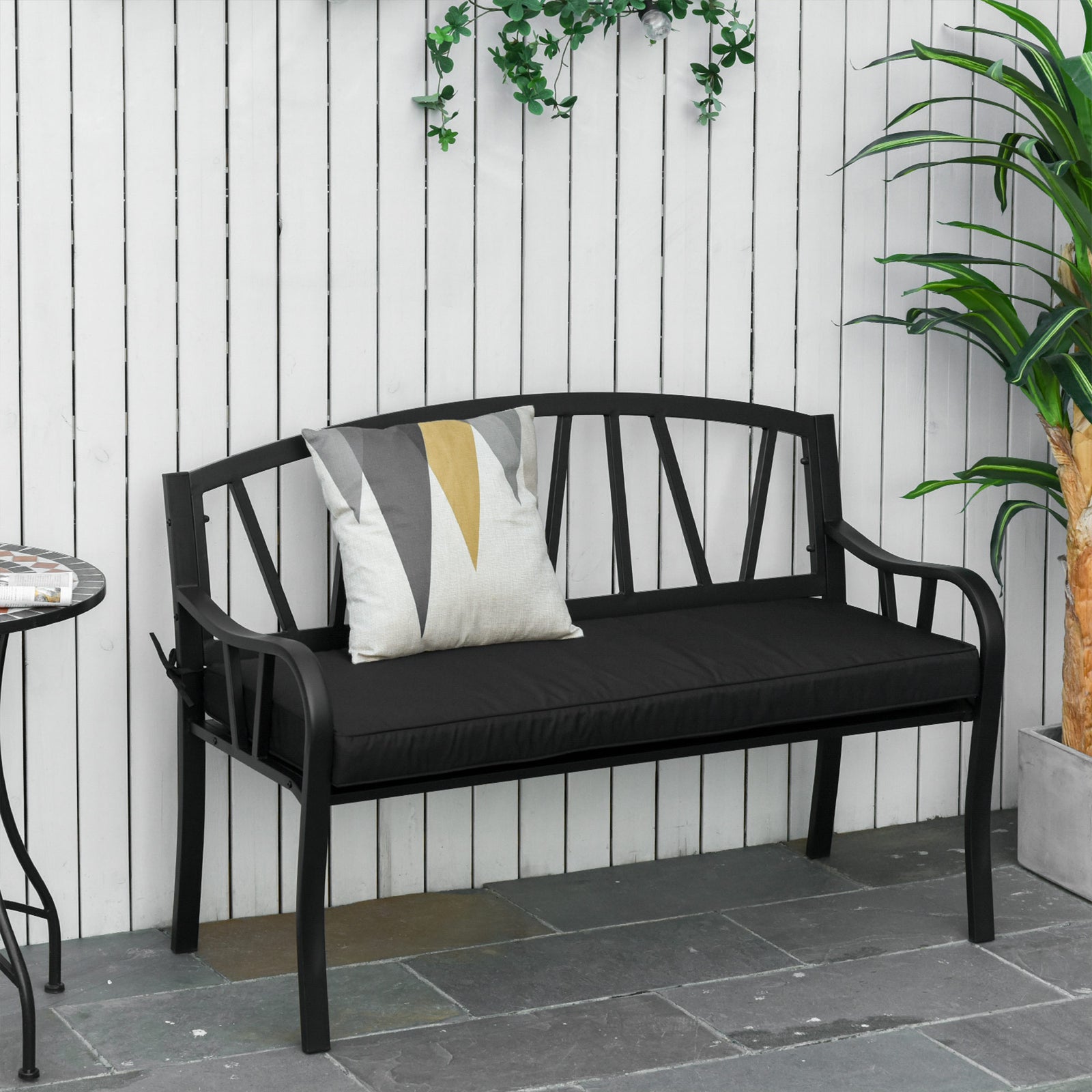 2-Seater Garden Bench with Cushion, Metal Loveseat, Slatted Outdoor Park Chair with Decorative Backrest and Armrest, Black
