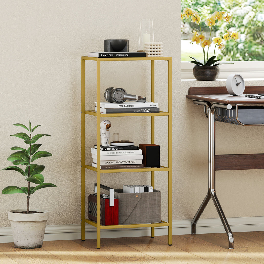 HOMCOM 4-Tier Shelving Unit, Glass Shelf, Vertical Storage Shelf for Living Room, Home Office, Bedroom, Bathroom, Gold Tone