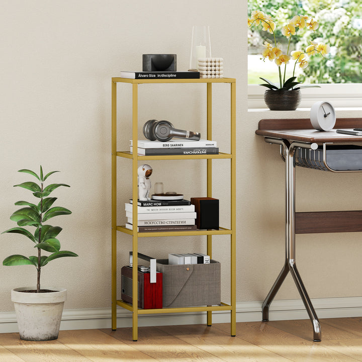 HOMCOM 4-Tier Shelving Unit, Glass Shelf, Vertical Storage Shelf for Living Room, Home Office, Bedroom, Bathroom, Gold Tone