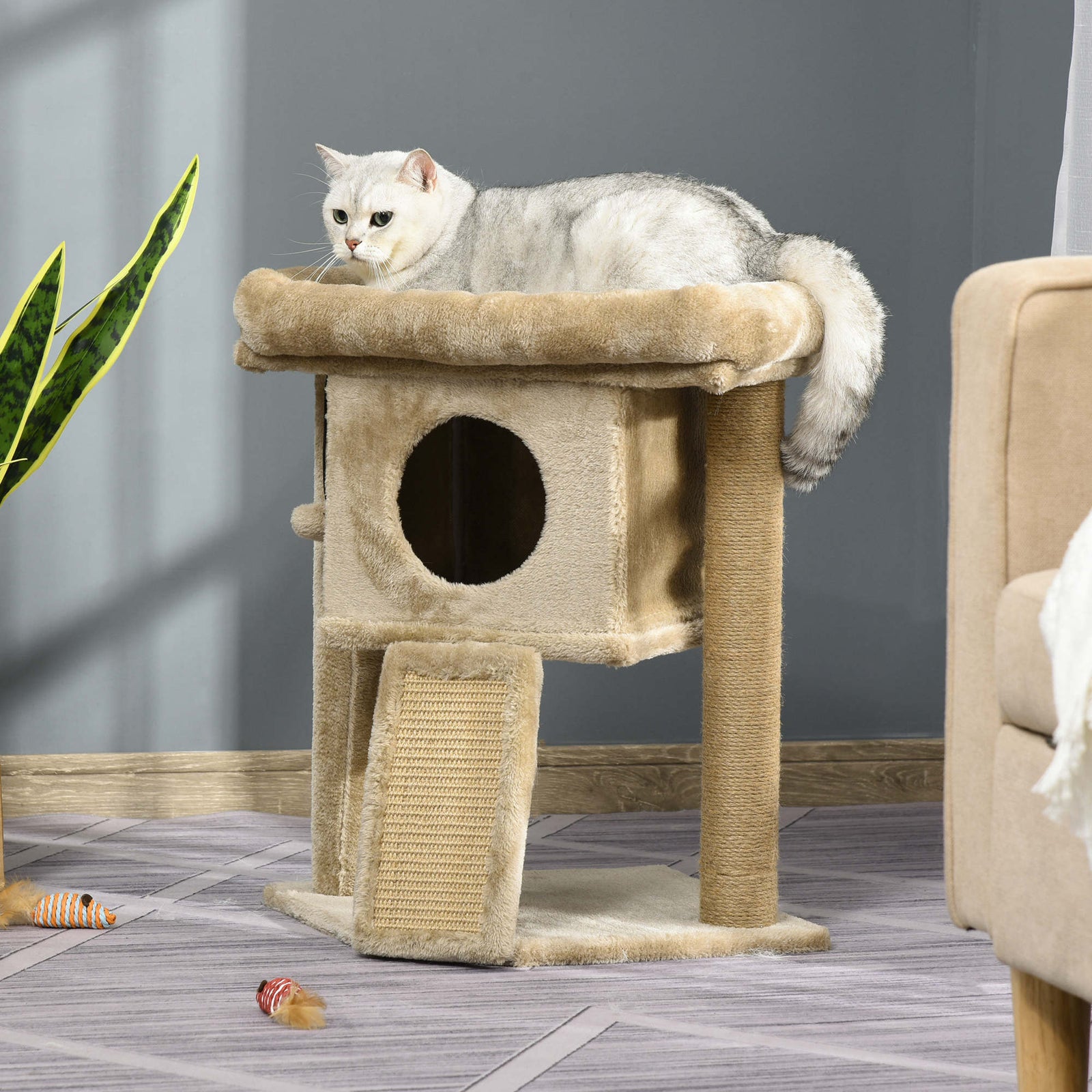 Cat Tree Tower for Indoor Cats Cat Scratching Post Climbing Activity Centre w/Jute Scratching Pad, Toy Ball, Cat House - Coffee