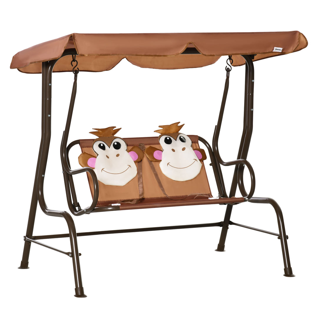 2 Seater Kids Garden Swing Seat, Children Outdoor Patio Lounge Chair for Gardens w/ Adjustable Awning, Seatbelt, Monkey Pattern - Brown