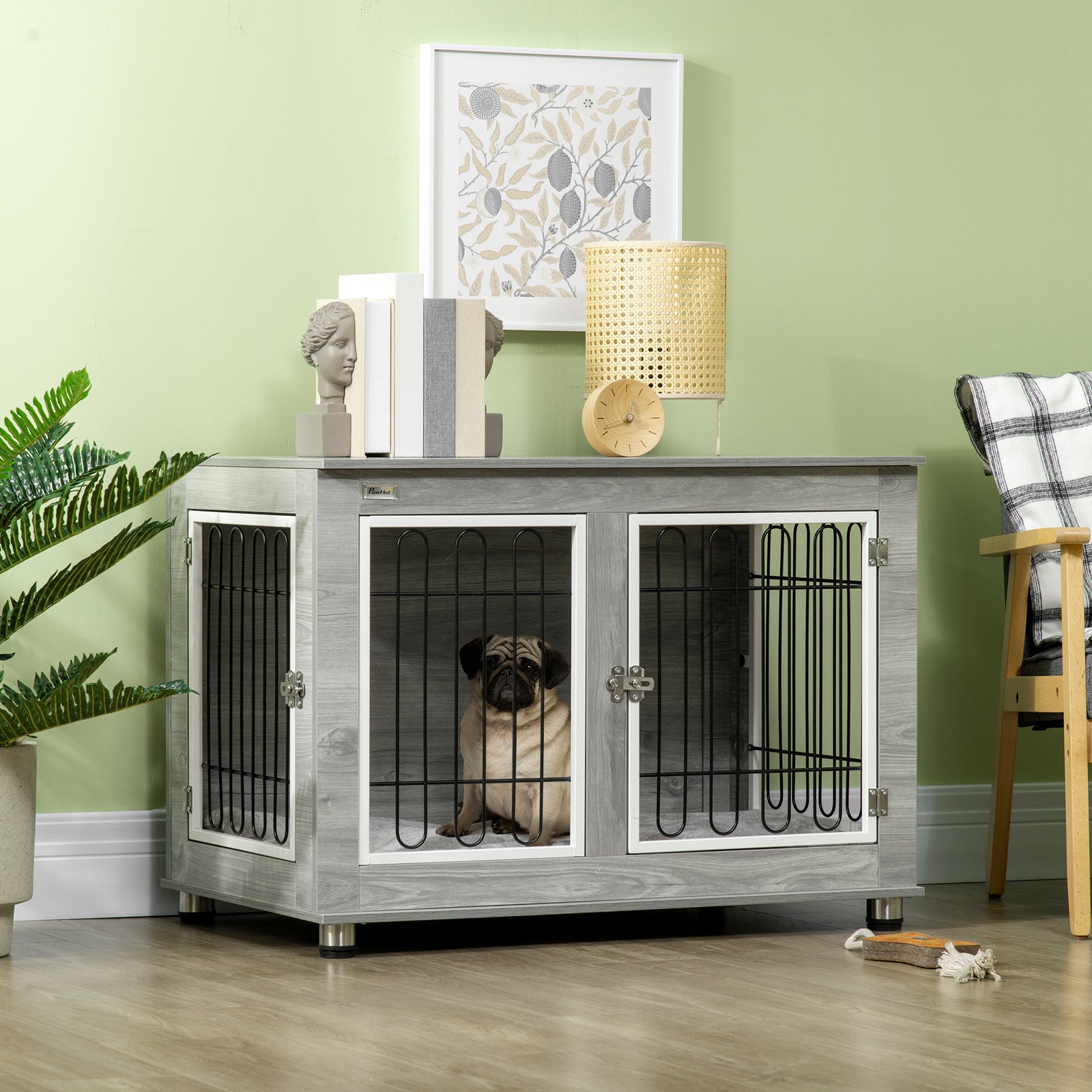 Dog Crate Furniture End Table, with Washable Cushion, Double Doors, for Medium/Large Dogs, Grey