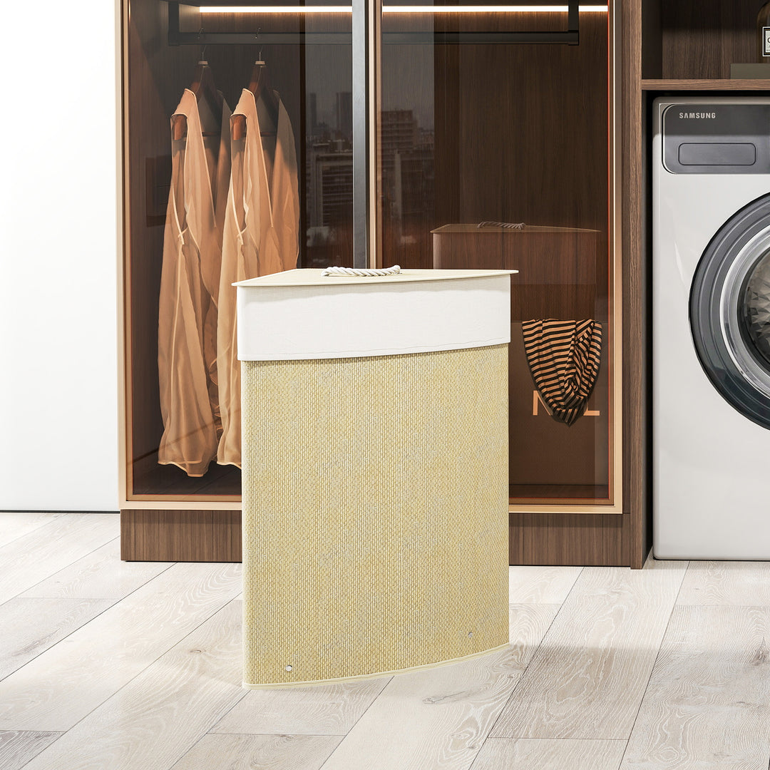 Bamboo Laundry Basket with Lid, 55L Corner Laundry Hamper with Removable Washable Liner Bag, Bathroom Triangle Washing Basket, 35 x 35 x 60 cm, Nature Wood Finish