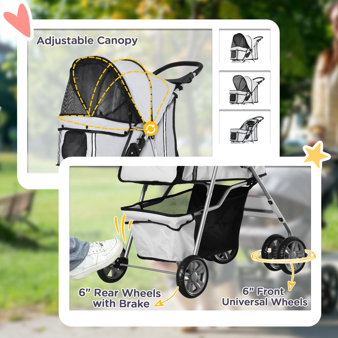 Pet Stroller for Small Miniature Dogs Cats Foldable Travel Carriage with Wheels Zipper Entry Cup Holder Storage Basket Grey