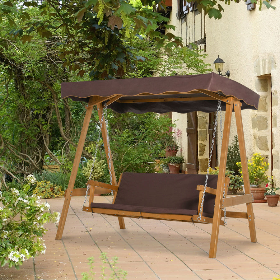 3 Seater Garden Swing Seat Outdoor Swing Chair with Adjustable Canopy, Wooden Hammock Bench with Padded Cushions for Patio Yard, Brown
